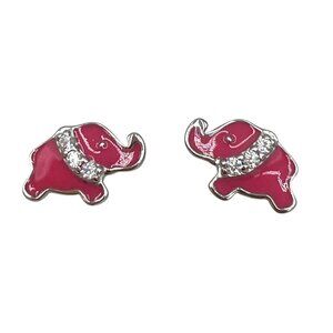 Pink Silver Elephant Stud Earrings Rhinestone Detail Enamel 925